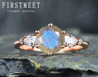 Labradorite engagement ring 6 prongs pear cut moissanite wedding ring 5 stone ring unique promise ring rose gold woman jewelry