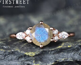Unique labradorite engagement ring art deco rose gold ring diamond wedding band marquise diamond bridal ring woman promise ring
