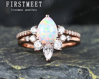 Opal wedding ring set, pear cut opal engagement ring, vintage opal rings for women, diamond wedding band, bridal set