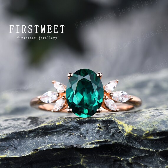 Flower Emerald Engagement Ring Moissanite Leaf Wedding Ring