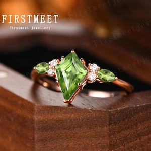 Vintage Kite Cut Green Peridot Engagement Ring Rose Gold, Marquise Peridot Diamond Ring, Women Bridal Ring, Unique Anniversary Promise Ring