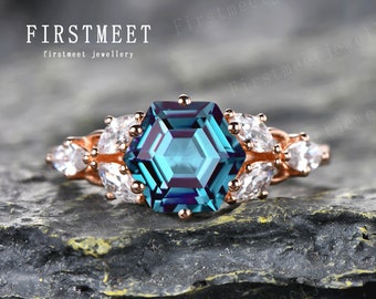 Hexagon Cut Alexandrite Engagement Ring, Marquise Cut Diamond Band, 14k Rose Gold Ring, Alexandrite Ring, June Birthstone, Cluster ring