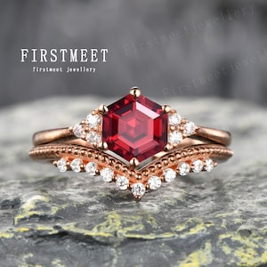 Ruby Engagement Ring Set Ruby Gemstone Jewelry Unique Rose Gold Hexagon Cut Ring  Art Deco Diamond Bridal Wedding Ring Promise Women Gift