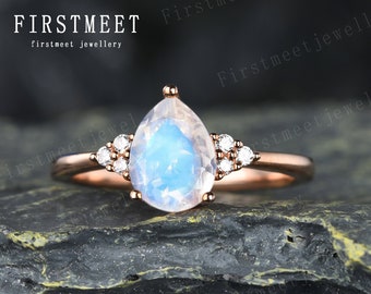 Pear Moonstone Engagement Ring Art Deco Ring Diamond Wedding Band 18K Gold Moonstone Jewelry Promise Anniversary Ring