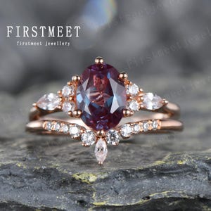 Bague de fiançailles en alexandrite ovale, bague en alexandrite en argent, parure de mariage, bague en moissanite, alliance en diamants, diadème vintage, bagues empilables