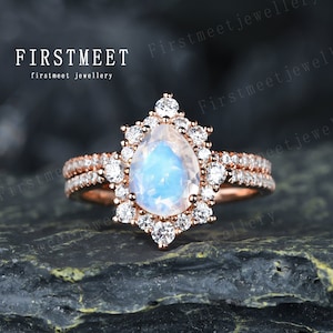 Moonstone bridal set vintage moonstone engagement ring diamond wedding band eternity rings for women stack wedding ring set