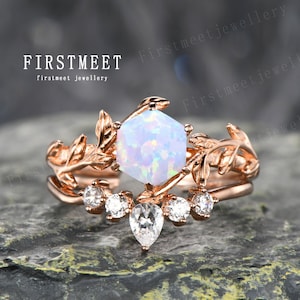 Hexagon Cut White Fire Opal Engagement Ring Set Unique Twig Curved Wedding Band Rose Gold Art Deco Opal Promise Anniversary Gifts for her