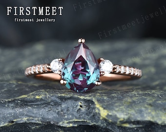 Alexandrite promise ring for her alexandrite ring unique pear cut color changing gemstone engagement ring bridal wedding ring