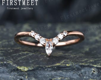 Marquise Ehering Diamant Ehering Kurve Hochzeit Band Stapel Passende Band 10K Gold Moissanit Krone Ehering