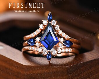 Vintage Kite Cut Blue Sapphire Ring Unique Engagement Ring Set 14k - Main Image