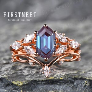Long Hexagon Cut Alexandrite Engagement Ring Set, Rose Gold Rings For Women, Marquise Diamond Wedding Band, June Birthstone Promise Ring