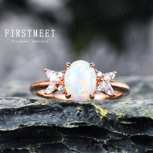 Oval Opal Engagement Ring Vintage White Fire Opal Wedding Bridal Ring 18K gold opal diamond promise ring personalized anniversary jewelry