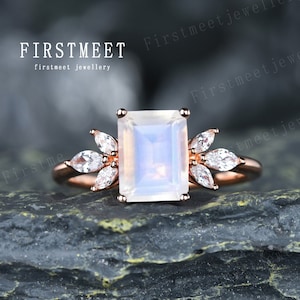 Emerald cut moonstone engagement ring marquise moissanite wedding ring unique flower ring vintage moonstone ring promise ring anniversary
