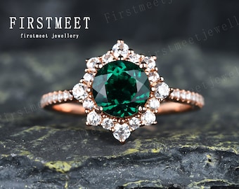Dainty Rose Gold Emerald Engagement Ring Unique Emerald Flower Ring 14K/18K Solid Gold Emerald Diamond Ring Promise Ring Personalized Gifts