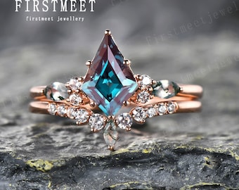 Vintage Unique latawiec szlif aleksandryt pierścionek zaręczynowy zestaw pierścionek z różowego złota pierścionek z agatu mchu diamentowy art deco ślubny zestaw obrączek dla kobiet