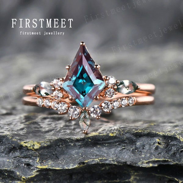 Vintage Unique kite cut Alexandrite engagement ring set rose gold ring Moss agate diamond ring art deco bridal wedding ring set for women