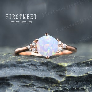 Hexagon cut opal engagement ring, white fire opal ring, art deco wedding ring, opal diamond ring, unique propose ring sterling silver