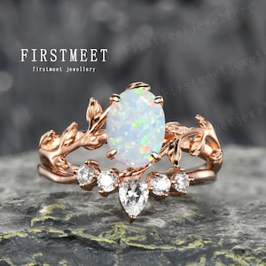 Einzigartige Opal Verlobungsring Oval Cut Braut Set Zweig und Zweig Ring Moissanite / Diamant Schmuck Oktober Birthstone Jahrestag Geschenke für Sie