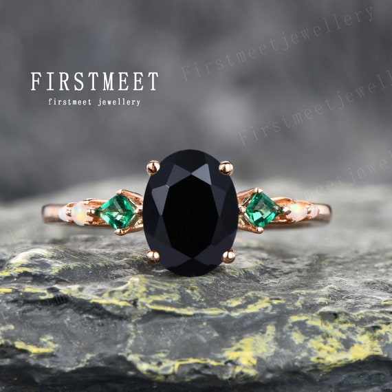 Black Onyx Engagement Ring Oval Shape Ring Black Stone Ring Cluster Ring Emerald Ring White Opal Band Anniversary Birthday Gift for Her Etsy UK