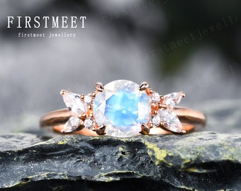 Moonstone promise ring moonstone engagement ring moonstone wedding ring vintage flower ring moissanite ring rose gold band