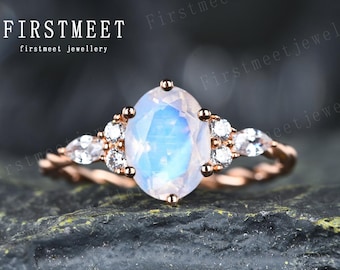 Anillo de compromiso con piedra lunar ovalada, anillo de boda con giro, anillo de moissanita, anillo de promesa con piedra lunar de oro rosa, regalo de aniversario, joyería hecha a mano