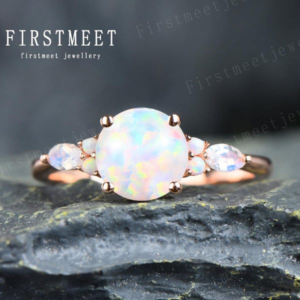 Runder Opalring, Vintage-Verlobungsring, weißer Feueropalring, Marquise Mondsteinring, Art-Deco-Ring, Verlobungsring, Goldschmuck