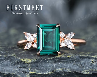 Emerald Cut Emerald Engagement Ring Vintage Floral Diamond Wedding Ring 18K Solid Gold Cluster Promise Anniversary Ring