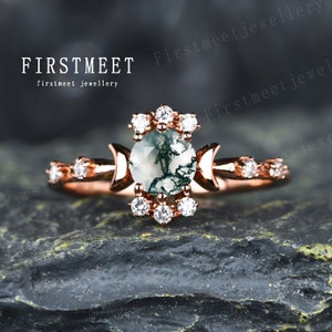 Dainty Moss Agate Engagement Ring Art Deco Diamond Wedding Ring Sterling Silver Rose Gold Unique Vintage Promise Ring