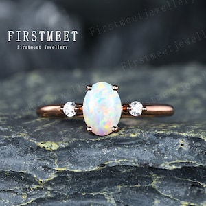 Minimalist opal ring unique three stone ring 18k rose gold opal engagement ring oval bridal solitaire ring