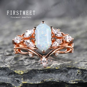 Vintage White Opal Engagement Ring Rose Gold Long Hexagon Cut Ring Art Deco Diamond Half Eternity Wedding Ring Proposal Christmas Gift Ring
