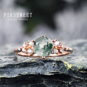 6.5mm Round Moss Agate Ring Vintage Unique Engagement Ring Promise Anniversary Ring in Platinum/14K/18K Rose Gold/White Gold/Yellow Gold