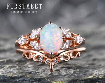 White Fire Opal Wedding Ring Set Art Deco Ring Unique Opal