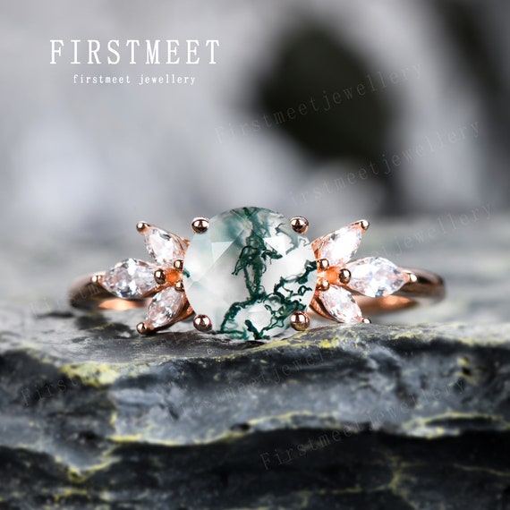 Moss Agate Ring Solitaire Engagement Ring for Woman Agate Diamond