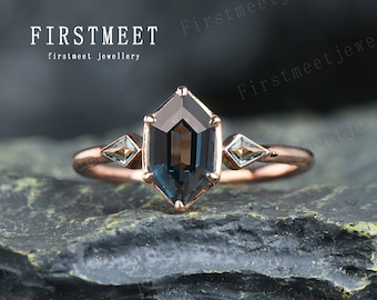 Vintage London Blue Topaz Engagement Ring Rose Gold Hexagon Shaped Ring Unique Gemstone Wedding Ring Art Deco Promise Anniversary Ring Gift