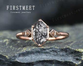 Vintage Black Rutilated Quartz Engagement Ring Alternative Ring Art Deco Promise Ring Kite Cut Black Quartz Ring Dainty Quartz Wedding Ring
