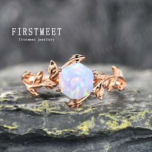 Twig Opal Engagement Ring Woman Unique Hexagon Cut Opal Ring Rose Gold Solitaire Promise Anniversary Gifts For Her Nature Inspired Leaf Ring