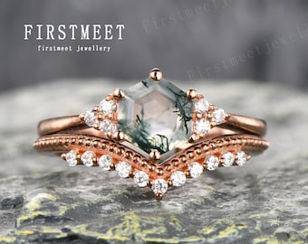Hexagon Moss Agate Ring Set: Vintage Art Deco Sterling Silver Moissanite Wedding Band