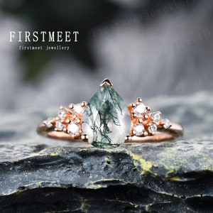6x8mm Pear Cut Moss Agate Promise Ring Unique Art Deco Diamond Wedding Ring Vintage Dainty Moss Agate Engagement Ring for Woman Rose Gold