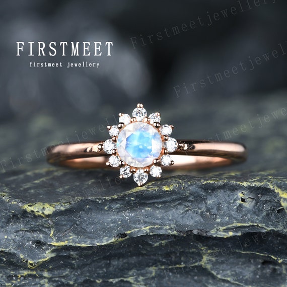 Trillion Moonstone Ring with Curved Diamond Band Set, 14k Solid Gold P -  Abhika Jewels