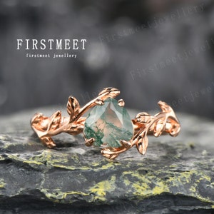 Vintage Moss Agate Twig Engagement Ring Delicate Twig Ring Unique Heart Ring Symbolic Jewelry Gift for Her Made to Order