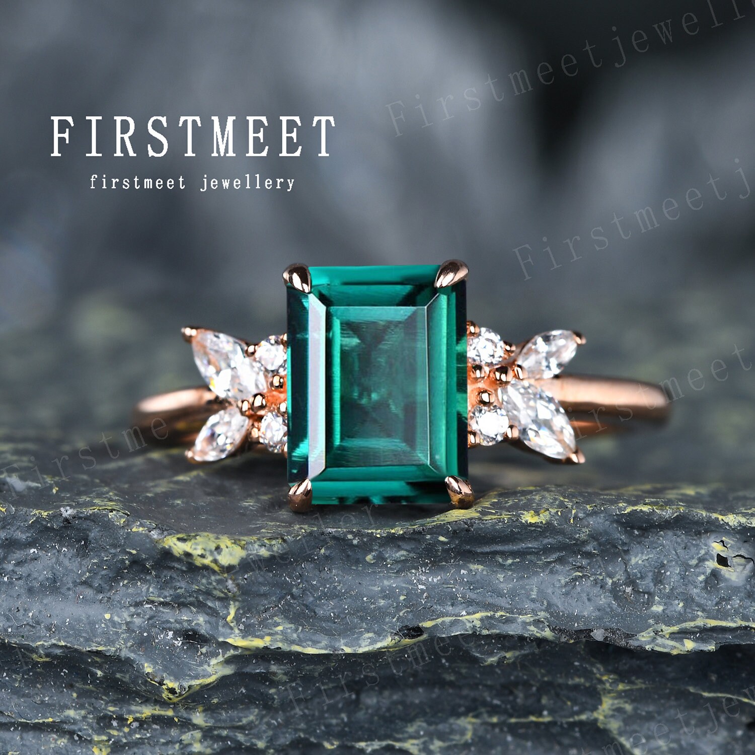 18K White Gold Emerald Diamond Engagement Ring and Band 0.99ct Bridal Set  016302