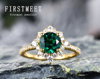 Vintage Emerald Engagement Ring 14K Yellow Gold Emerald Diamond Ring Eternity Wedding Band