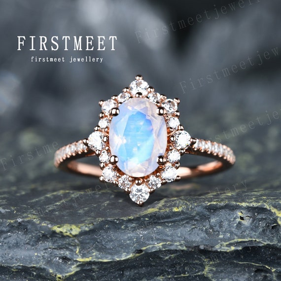 Oval Moonstone Engagement Ring Vintage Flower Engagement Ring