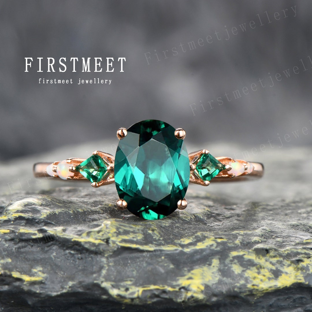 Emerald Engagement Ring Rose Gold Oval and Kite Shape Emerald Ring