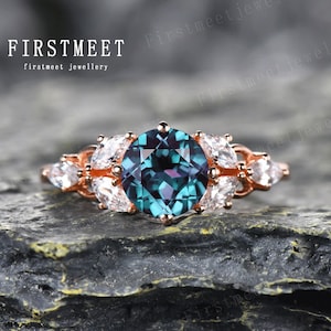 Round Alexandrite Ring Unique Marquise Diamond Engagement Ring June Birthstone 14k Rose Gold Blue Gemstone Promise Ring Anniversary gift