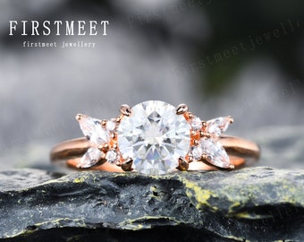 Rose Gold Moissanite Engagement Ring: Art Deco Flower Wedding Ring