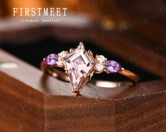 Kite Cut Morganite Engagement Ring Rose Gold Marquise Amethyst Wedding Ring, Cluster Diamond Ring, Art Deco Ring, Promise Ring, Bridal Gift