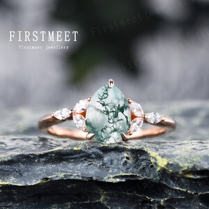 Moss Agate Ring,Vintage Engagement Ring,Pear Cut Moss Agate Promise Ring,14K solid gold art deco diamond wedding ring