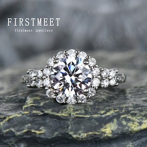 Round Moissanite Flower Engagement Ring Moissanite Cluster Ring Halo Ring White Gold Moissanite Ring Unique Promise Anniversary Ring