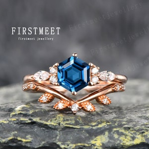 Nature Inspired London Blue Topaz Ring Set December Birthstone Leaf Diamond Wedding Ring Unique Hexagon London Blue Topaz Engagement Rings